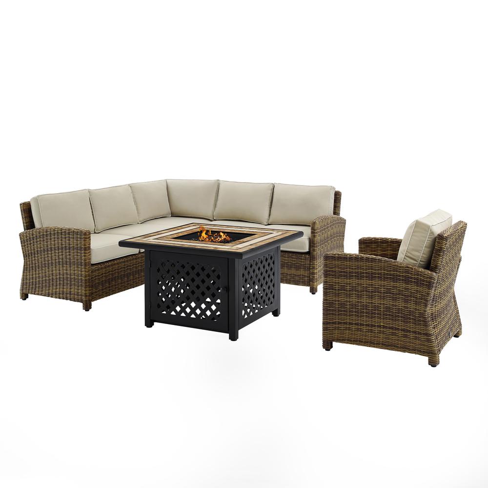 Bradenton 5Pc Outdoor Wicker Sectional Set W/Fire Table Weathered Brown/Sand - Right Corner Loveseat, Left Corner Loveseat, Corner Chair, Arm Chair, Fire Table. Picture 4