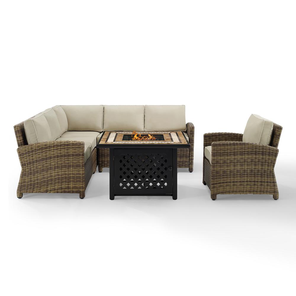 Bradenton 5Pc Outdoor Wicker Sectional Set W/Fire Table Weathered Brown/Sand - Right Corner Loveseat, Left Corner Loveseat, Corner Chair, Arm Chair, Fire Table. Picture 7