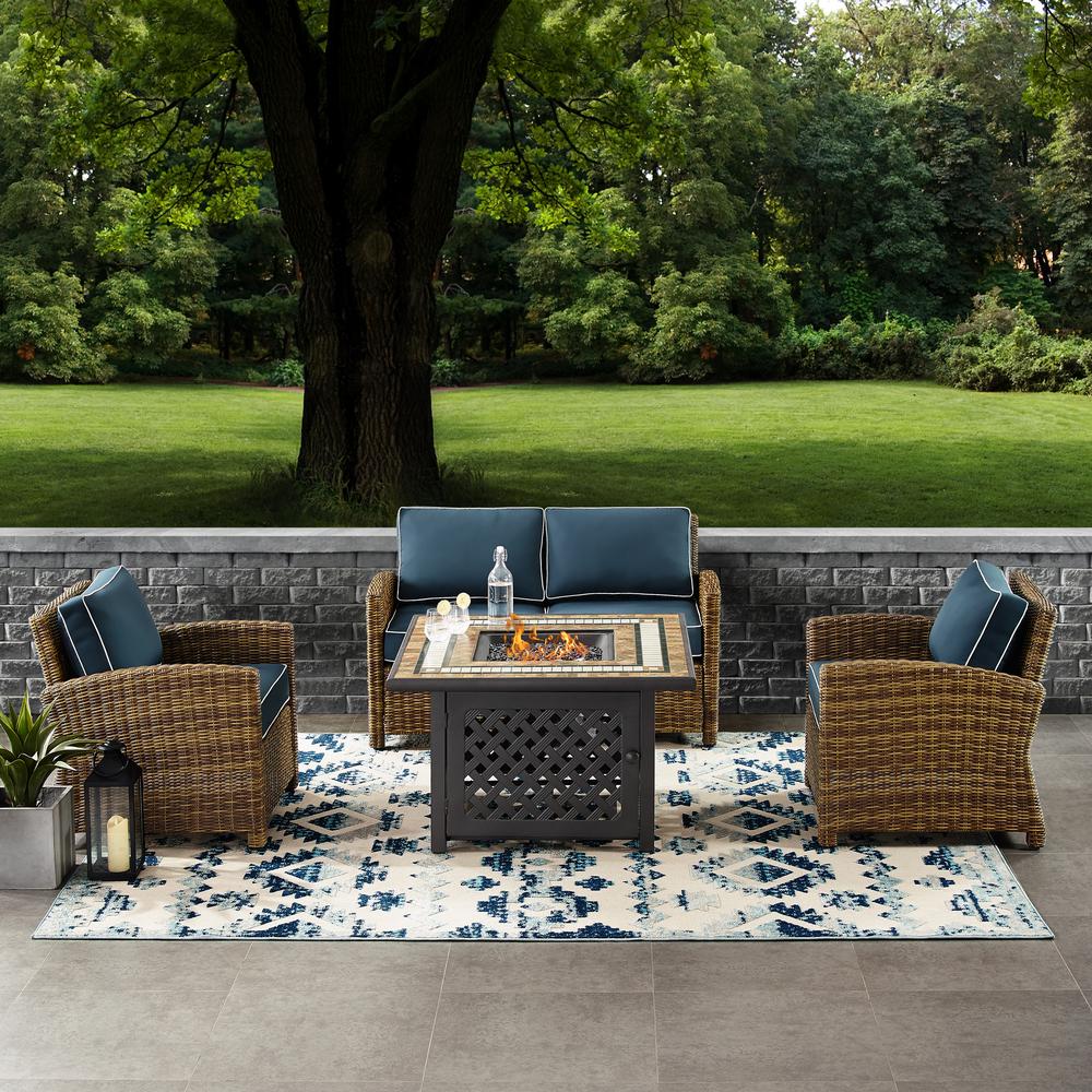 Bradenton 4Pc Outdoor Wicker Conversation Set W/Fire Table Weathered Brown/Navy - Loveseat, 2 Arm Chairs, Fire Table. Picture 1
