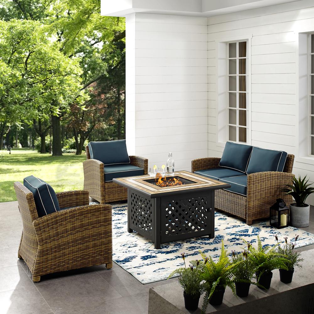 Bradenton 4Pc Outdoor Wicker Conversation Set W/Fire Table Weathered Brown/Navy - Loveseat, 2 Arm Chairs, Fire Table. Picture 3