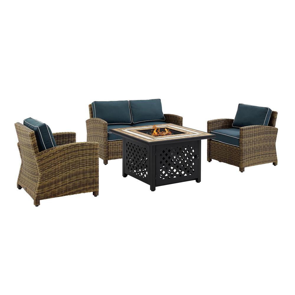 Bradenton 4Pc Outdoor Wicker Conversation Set W/Fire Table Weathered Brown/Navy - Loveseat, Tucson Fire Table, & 2 Arm Chairs. Picture 4
