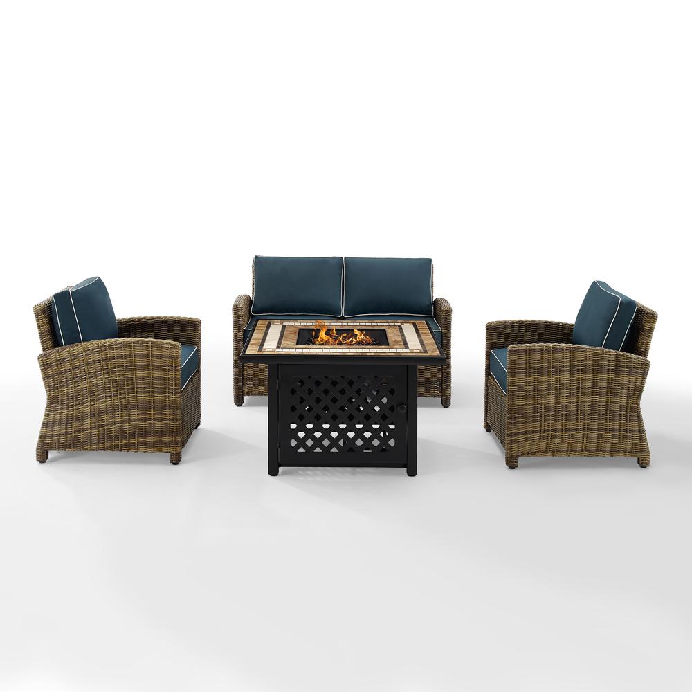 Bradenton 4Pc Outdoor Wicker Conversation Set W/Fire Table Weathered Brown/Navy - Loveseat, Tucson Fire Table, & 2 Arm Chairs. Picture 7