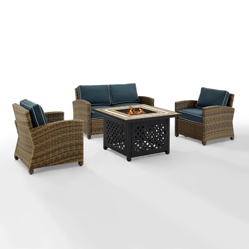Bradenton 4Pc Outdoor Wicker Conversation Set W/Fire Table Weathered Brown/Navy - Loveseat, 2 Arm Chairs, Fire Table. Picture 8