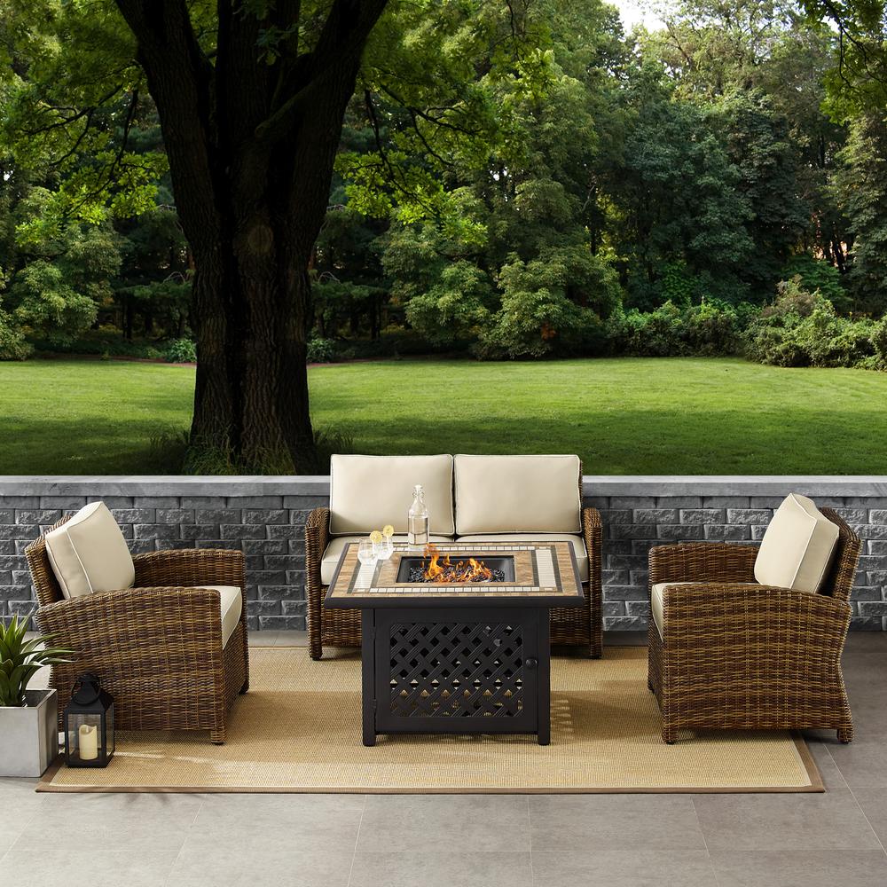Bradenton 4Pc Outdoor Wicker Conversation Set W/Fire Table Weathered Brown/Sand - Loveseat, Tucson Fire Table, & 2 Arm Chairs. Picture 1