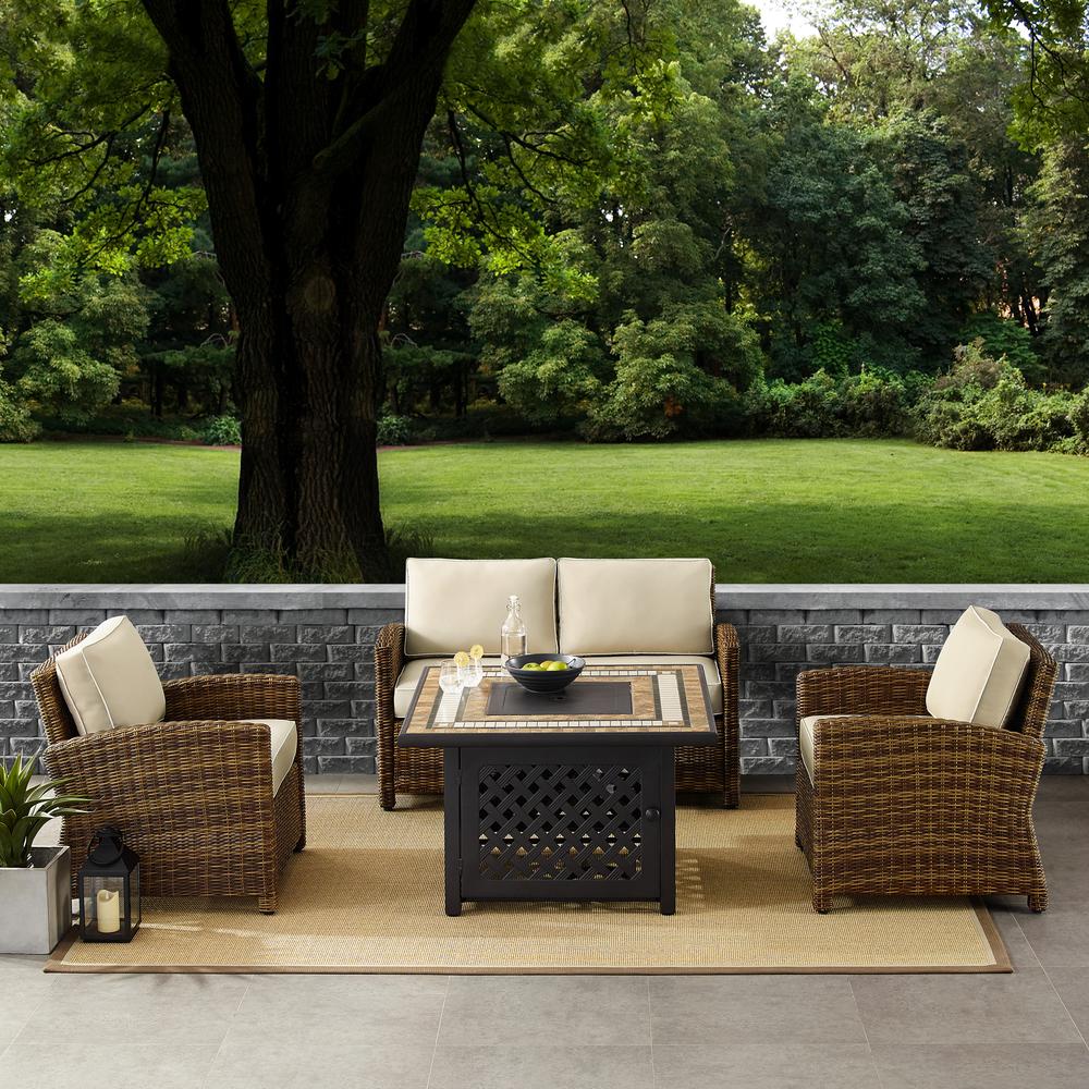 Bradenton 4Pc Outdoor Wicker Conversation Set W/Fire Table Weathered Brown/Sand - Loveseat, Tucson Fire Table, & 2 Arm Chairs. Picture 2