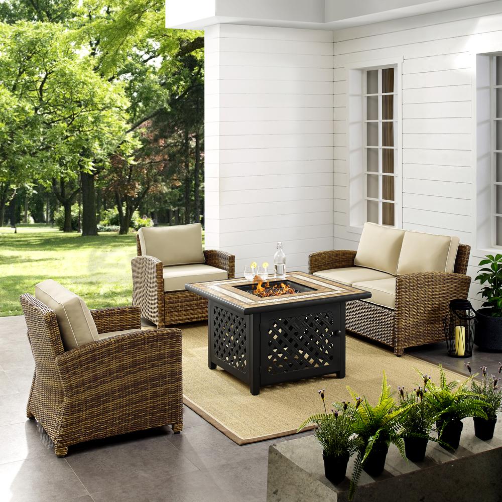 Bradenton 4Pc Outdoor Wicker Conversation Set W/Fire Table Weathered Brown/Sand - Loveseat, Tucson Fire Table, & 2 Arm Chairs. Picture 3
