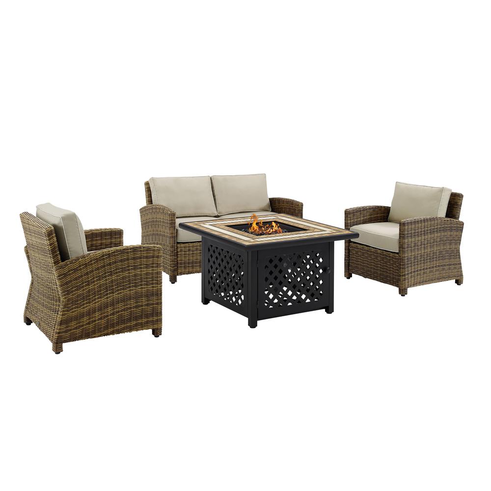 Bradenton 4Pc Outdoor Wicker Conversation Set W/Fire Table Weathered Brown/Sand - Loveseat, Tucson Fire Table, & 2 Arm Chairs. Picture 4