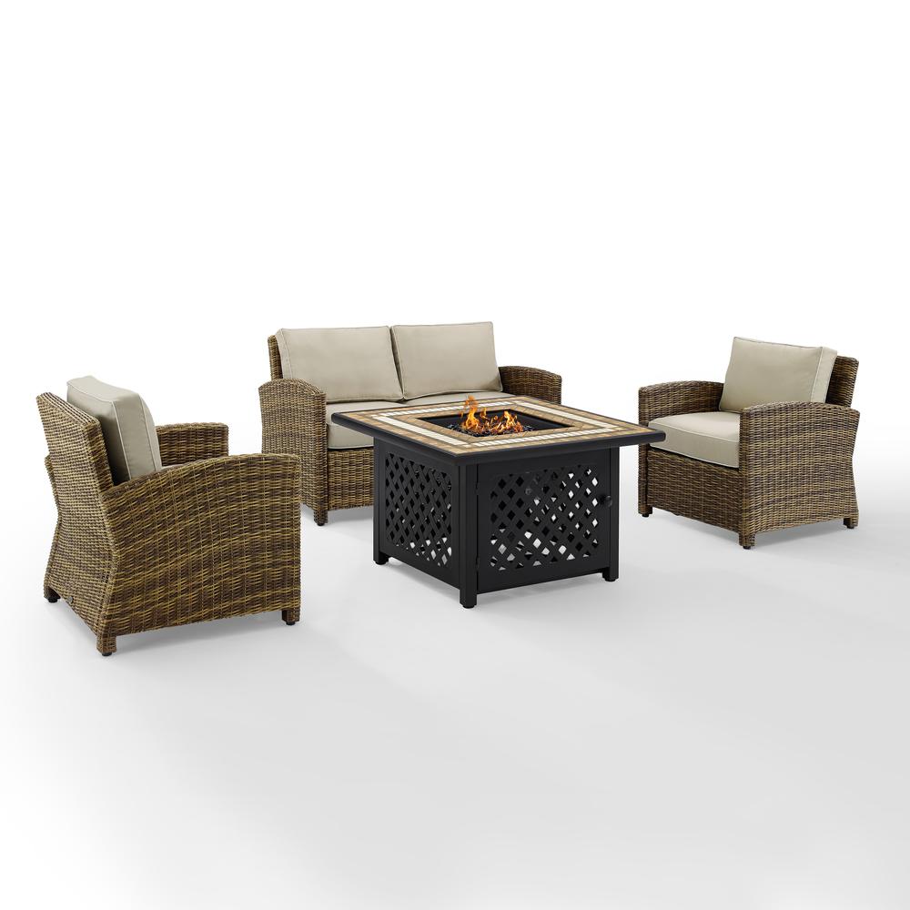 Bradenton 4Pc Outdoor Wicker Conversation Set W/Fire Table Weathered Brown/Sand - Loveseat, 2 Arm Chairs, Fire Table. Picture 8