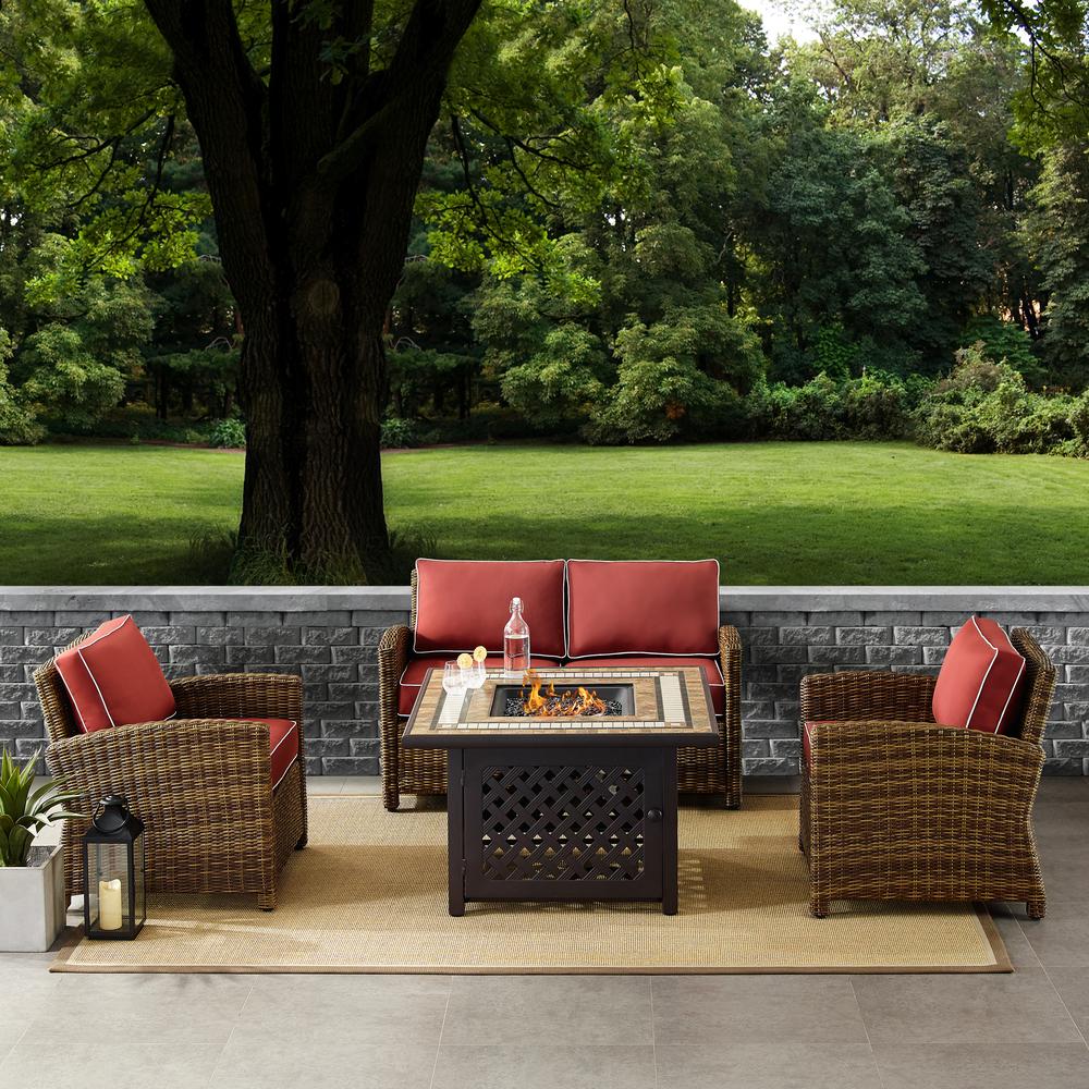Bradenton 4Pc Outdoor Wicker Conversation Set W/Fire Table Weathered Brown/Sangria - Loveseat, Tucson Fire Table, & 2 Arm Chairs. Picture 1