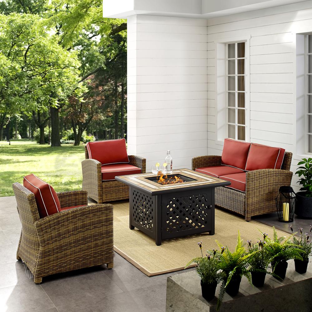 Bradenton 4Pc Outdoor Wicker Conversation Set W/Fire Table Weathered Brown/Sangria - Loveseat, Tucson Fire Table, & 2 Arm Chairs. Picture 3