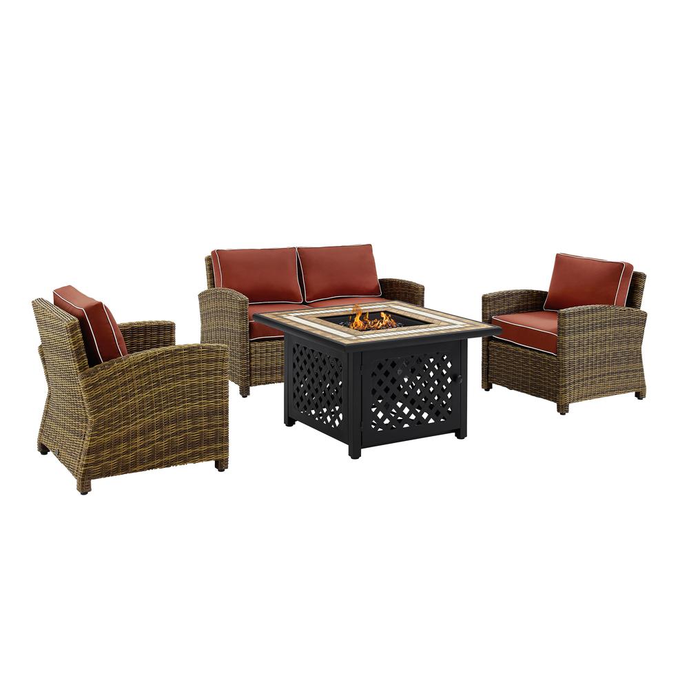 Bradenton 4Pc Outdoor Wicker Conversation Set W/Fire Table Weathered Brown/Sangria - Loveseat, Tucson Fire Table, & 2 Arm Chairs. Picture 4