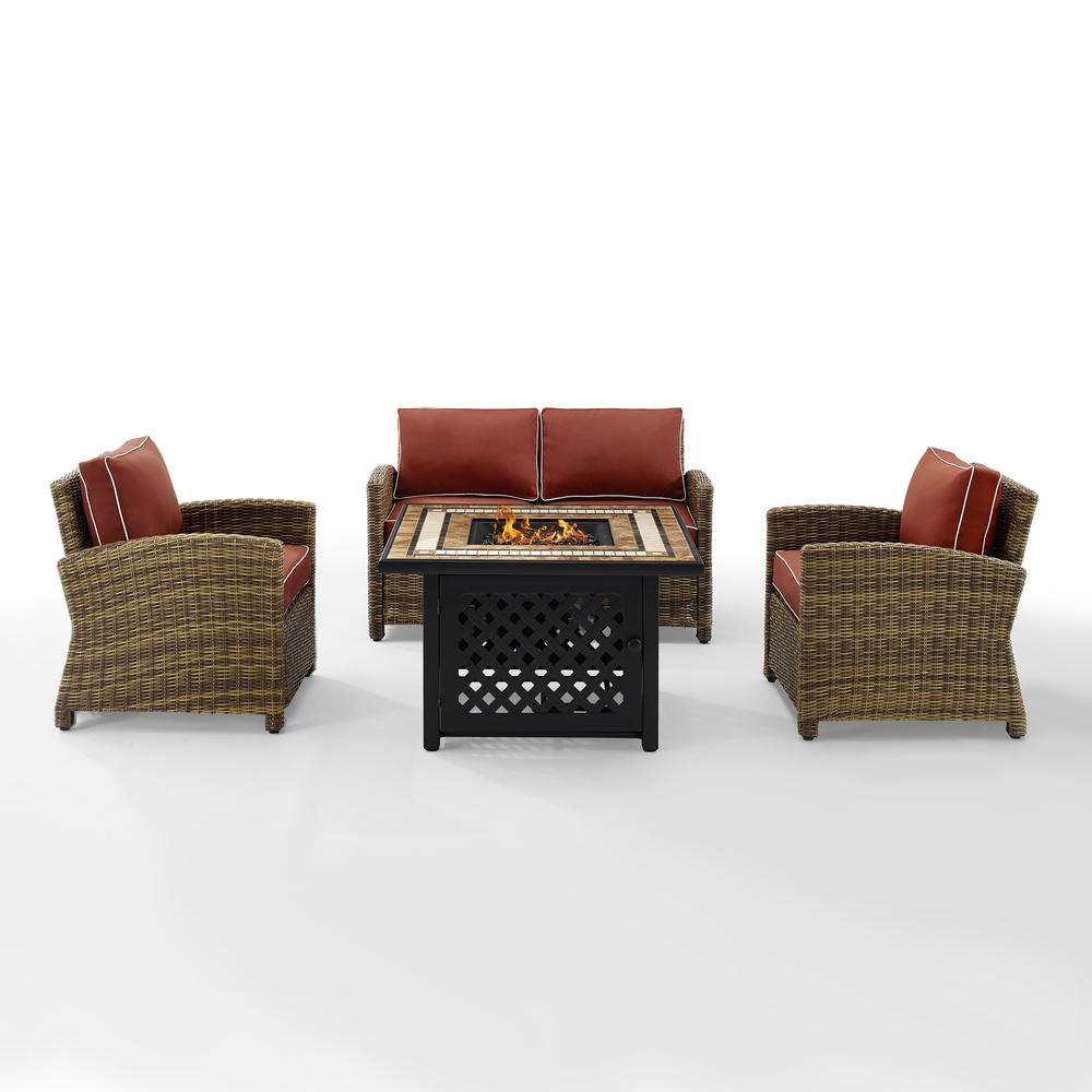 Bradenton 4Pc Outdoor Wicker Conversation Set W/Fire Table Weathered Brown/Sangria - Loveseat, Tucson Fire Table, & 2 Arm Chairs. Picture 7