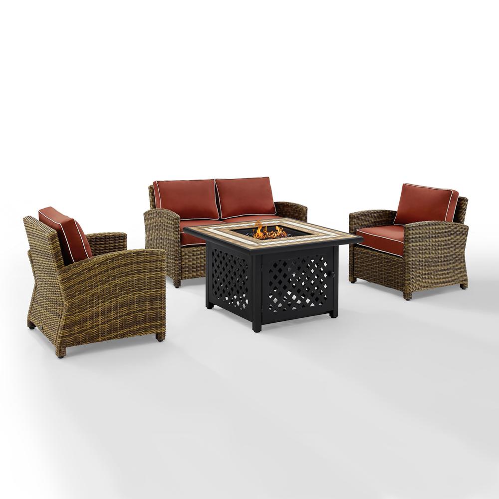 Bradenton 4Pc Outdoor Wicker Conversation Set W/Fire Table Weathered Brown/Sangria - Loveseat, 2 Arm Chairs, Fire Table. Picture 8
