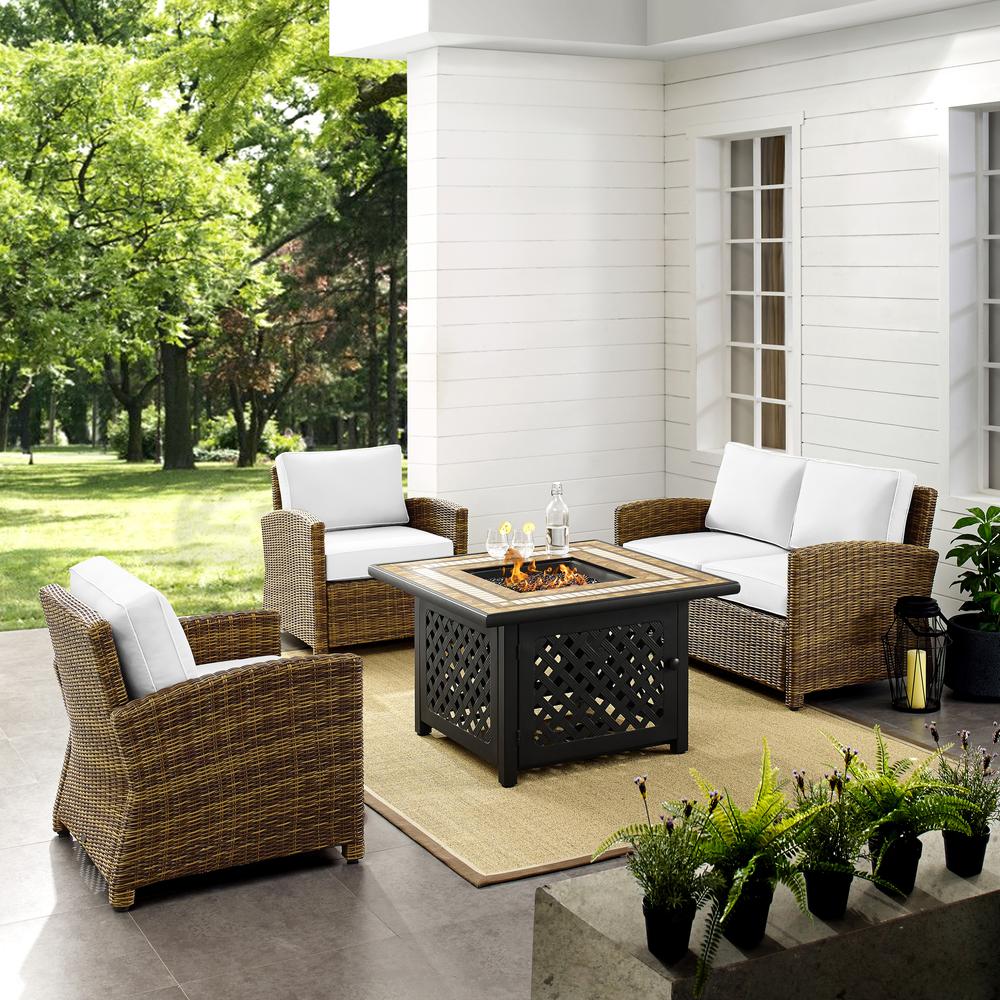 Bradenton 4Pc Outdoor Convo Set W/Fire Table - Sunbrella White/Weathered Brown - Loveseat, Tucson Fire Table, & 2 Arm Chairs. Picture 1