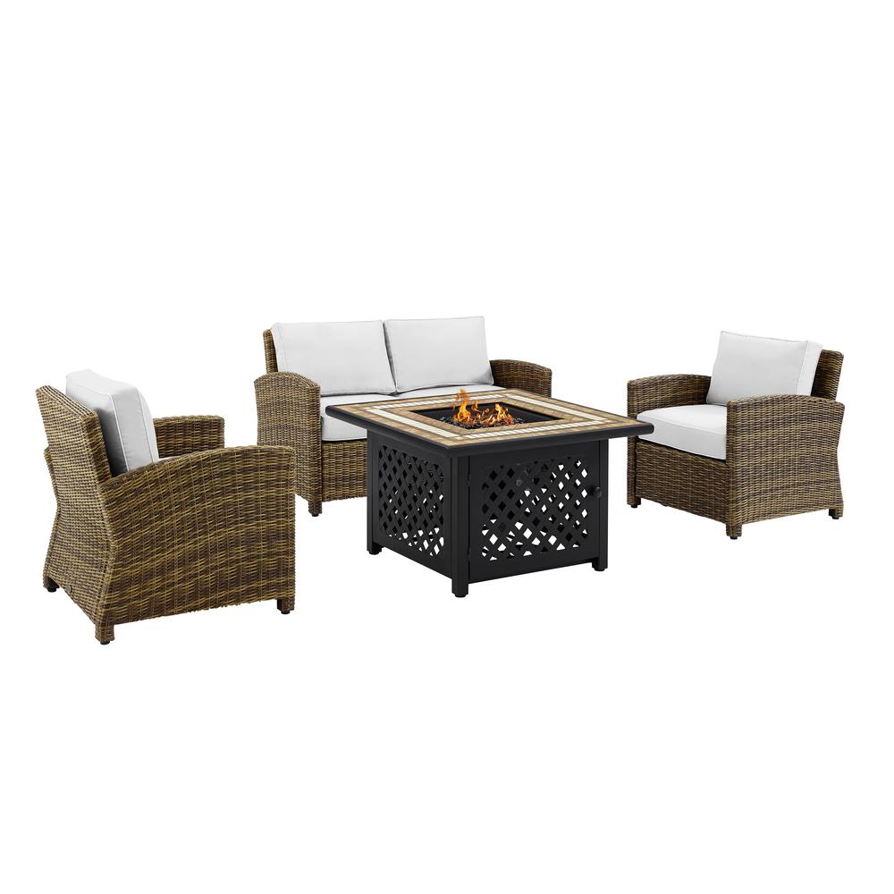 Bradenton 4Pc Outdoor Convo Set W/Fire Table - Sunbrella White/Weathered Brown - Loveseat, Tucson Fire Table, & 2 Arm Chairs. Picture 12