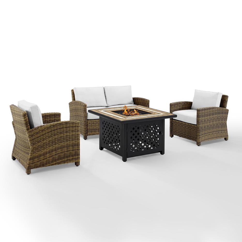 Bradenton 4Pc Outdoor Convo Set W/Fire Table - Sunbrella White/Weathered Brown - Loveseat, Tucson Fire Table, & 2 Arm Chairs. Picture 5