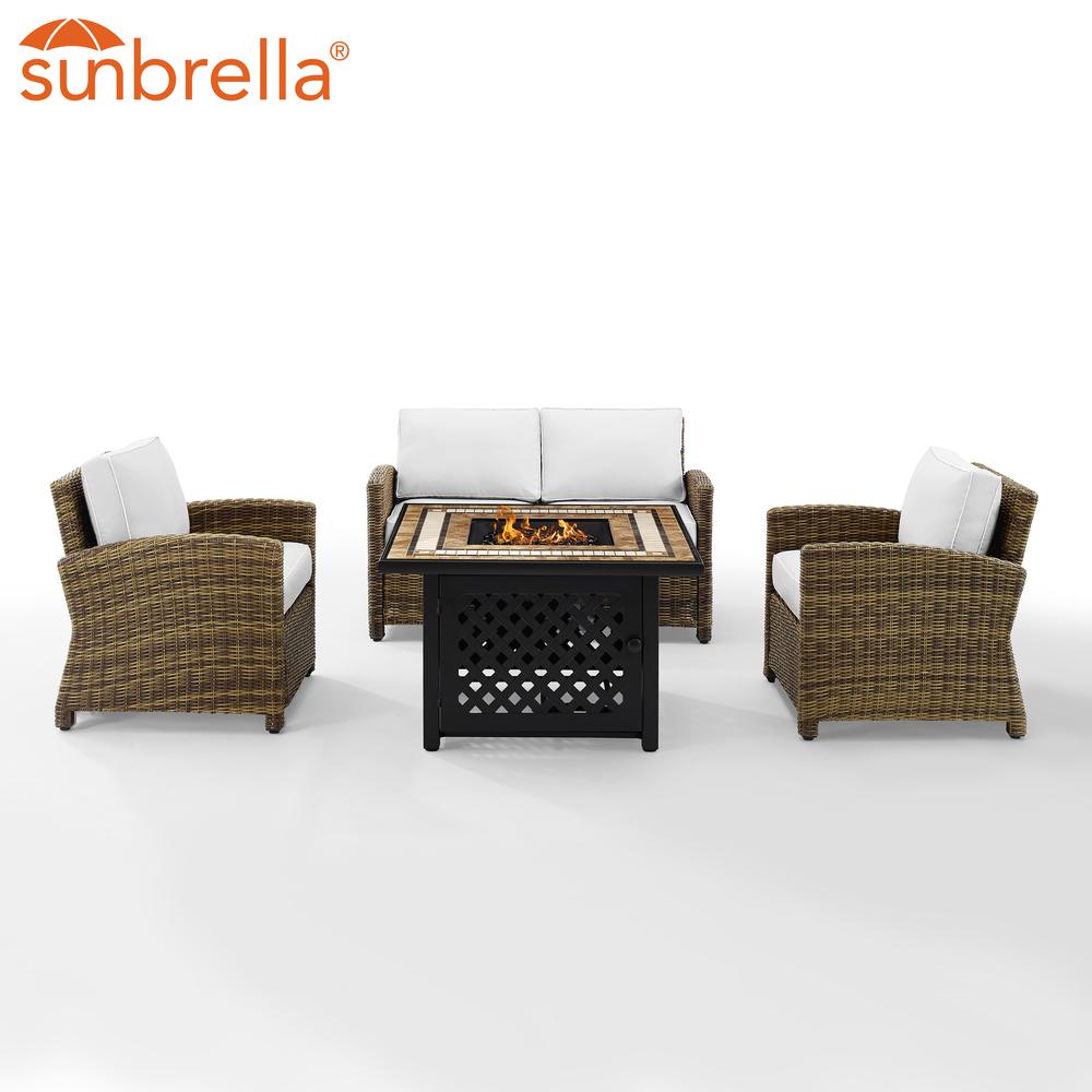 Bradenton 4Pc Outdoor Convo Set W/Fire Table - Sunbrella White/Weathered Brown - Loveseat, Tucson Fire Table, & 2 Arm Chairs. Picture 6