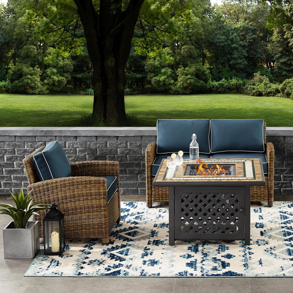 Bradenton 3Pc Outdoor Wicker Conversation Set W/Fire Table Weathered Brown/Navy - Loveseat, Arm Chair, Fire Table. The main picture.