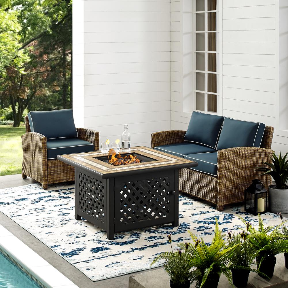 Bradenton 3Pc Outdoor Wicker Conversation Set W/Fire Table Weathered Brown/Navy - Loveseat, Arm Chair, Fire Table. Picture 3