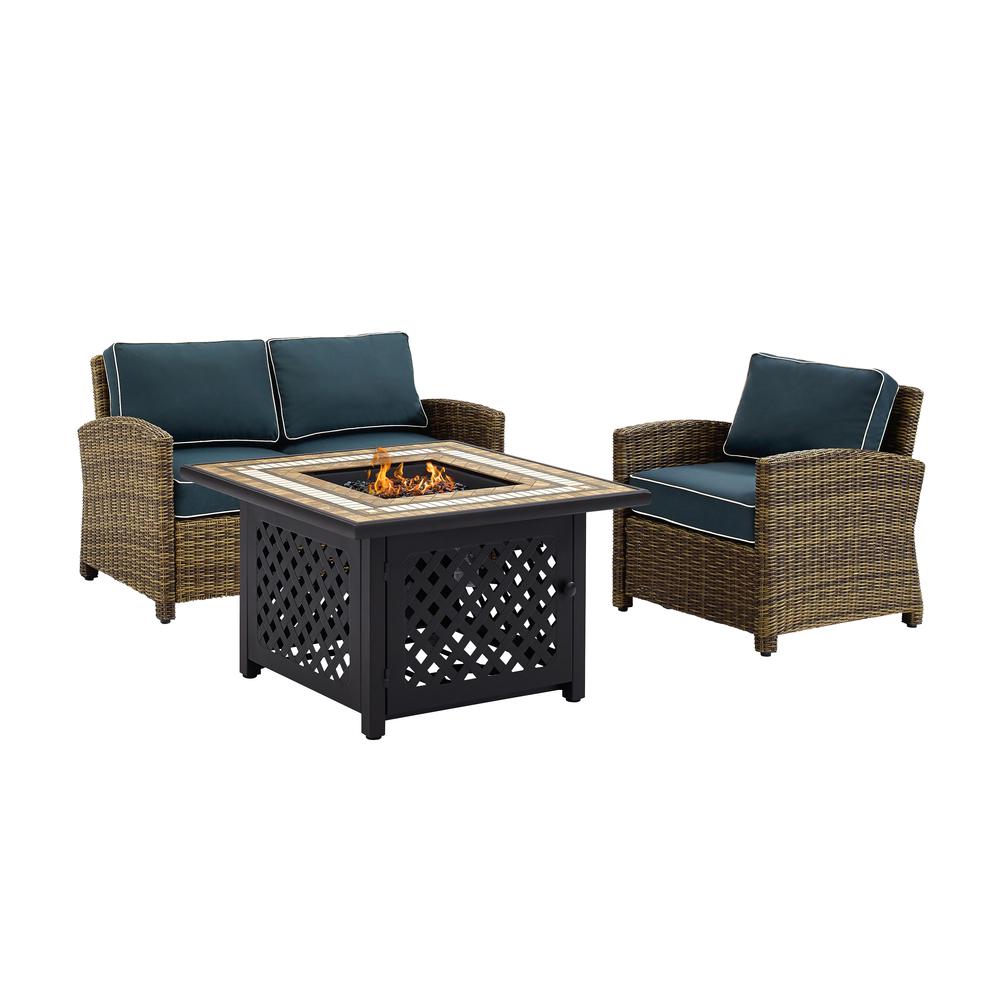 Bradenton 3Pc Outdoor Wicker Conversation Set W/Fire Table Weathered Brown/Navy - Loveseat, Arm Chair, Fire Table. Picture 4