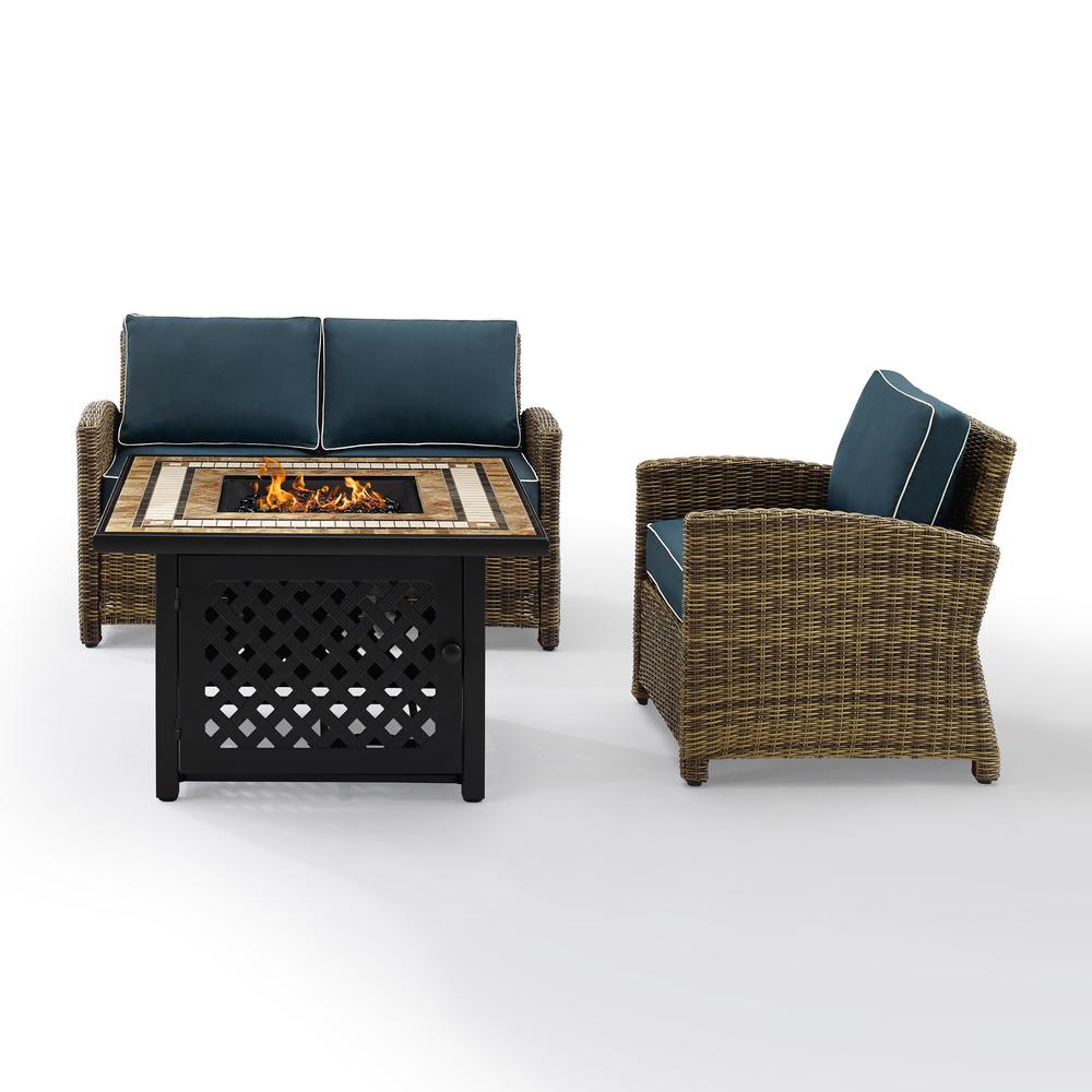 Bradenton 3Pc Outdoor Wicker Conversation Set W/Fire Table Weathered Brown/Navy - Loveseat, Arm Chair, Fire Table. Picture 7
