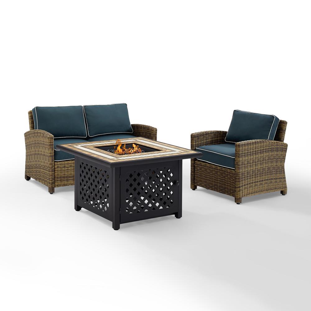 Bradenton 3Pc Outdoor Wicker Conversation Set W/Fire Table Weathered Brown/Navy - Loveseat, Arm Chair, Fire Table. Picture 8