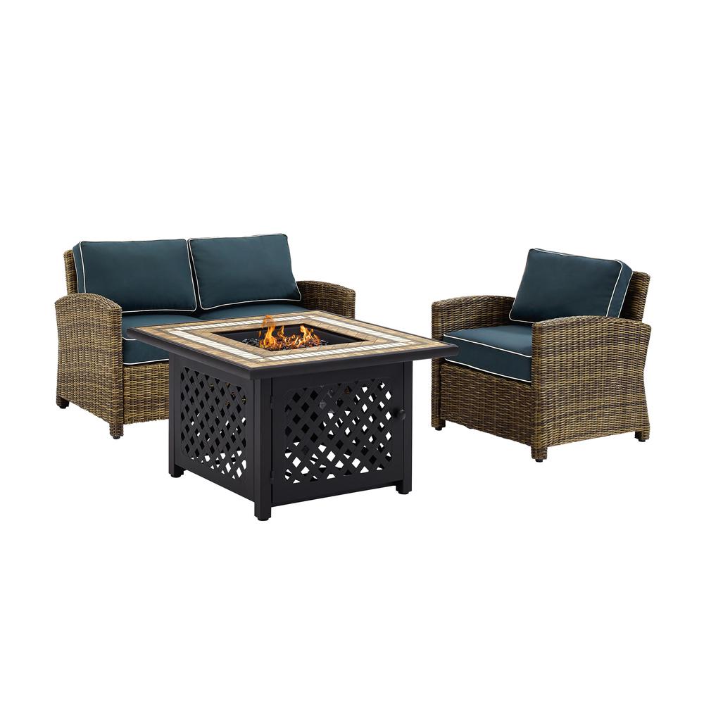Bradenton 3Pc Outdoor Wicker Conversation Set W/Fire Table Weathered Brown/Navy - Loveseat, Arm Chair, Fire Table. Picture 9