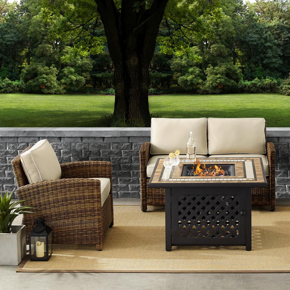 Bradenton 3Pc Outdoor Wicker Conversation Set W/Fire Table Weathered Brown/Sand - Loveseat, Arm Chair, Fire Table. Picture 1