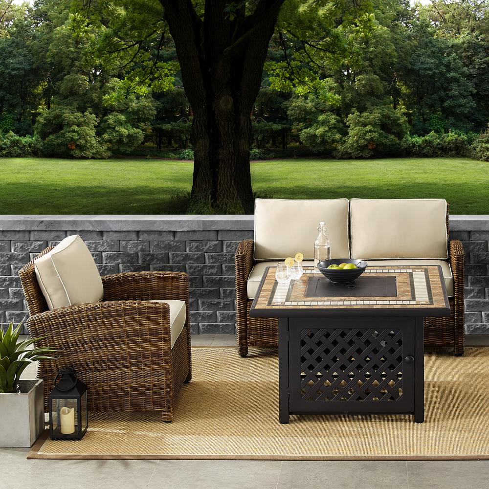 Bradenton 3Pc Outdoor Wicker Conversation Set W/Fire Table Weathered Brown/Sand - Loveseat, Arm Chair, Fire Table. Picture 2