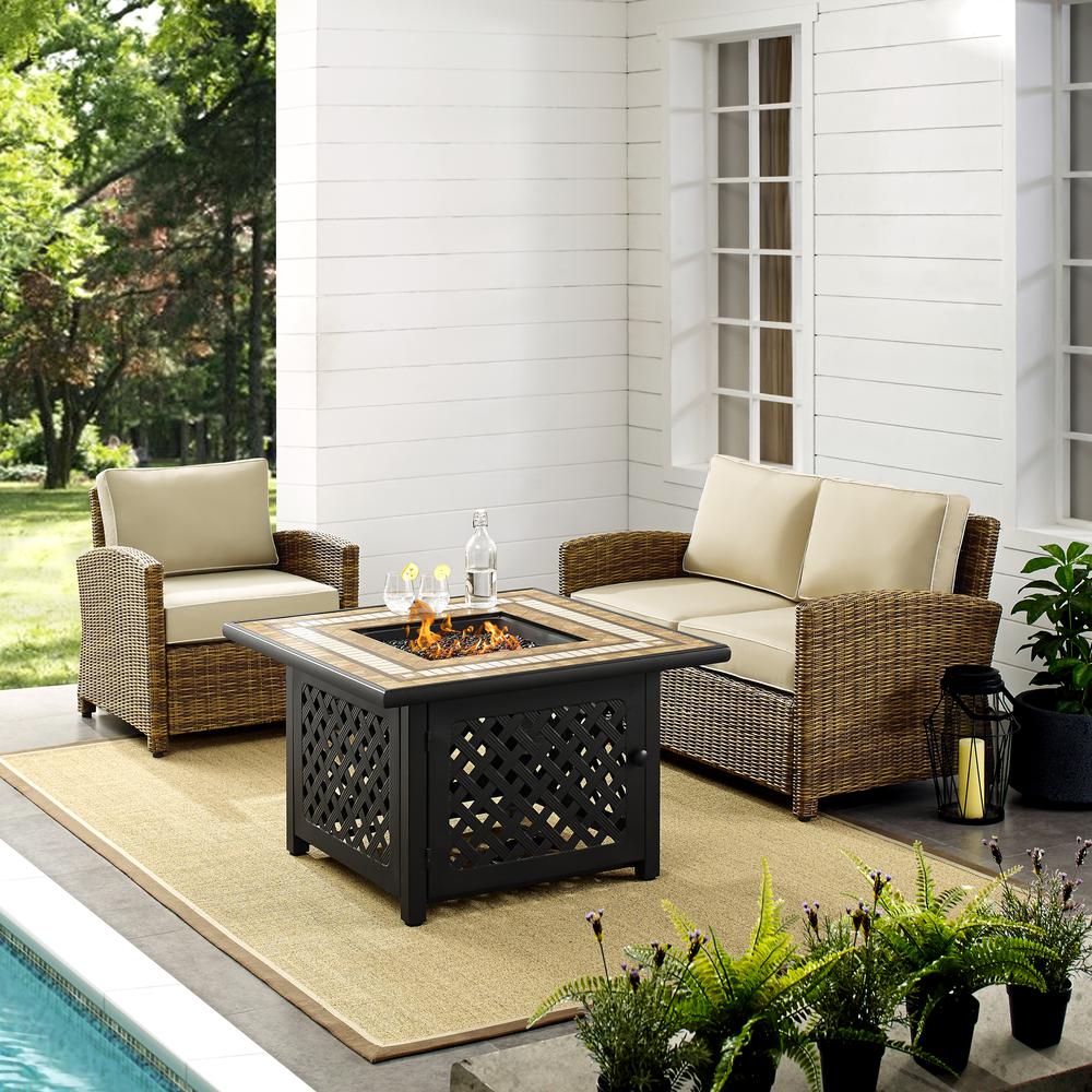 Bradenton 3Pc Outdoor Wicker Conversation Set W/Fire Table Weathered Brown/Sand - Loveseat, Armchair, & Tucson Fire Table. Picture 3