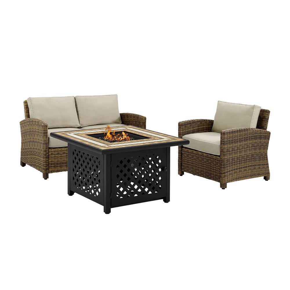 Bradenton 3Pc Outdoor Wicker Conversation Set W/Fire Table Weathered Brown/Sand - Loveseat, Arm Chair, Fire Table. Picture 4