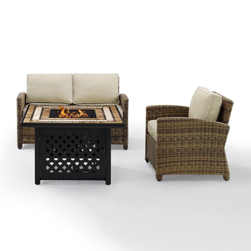 Bradenton 3Pc Outdoor Wicker Conversation Set W/Fire Table Weathered Brown/Sand - Loveseat, Arm Chair, Fire Table. Picture 7