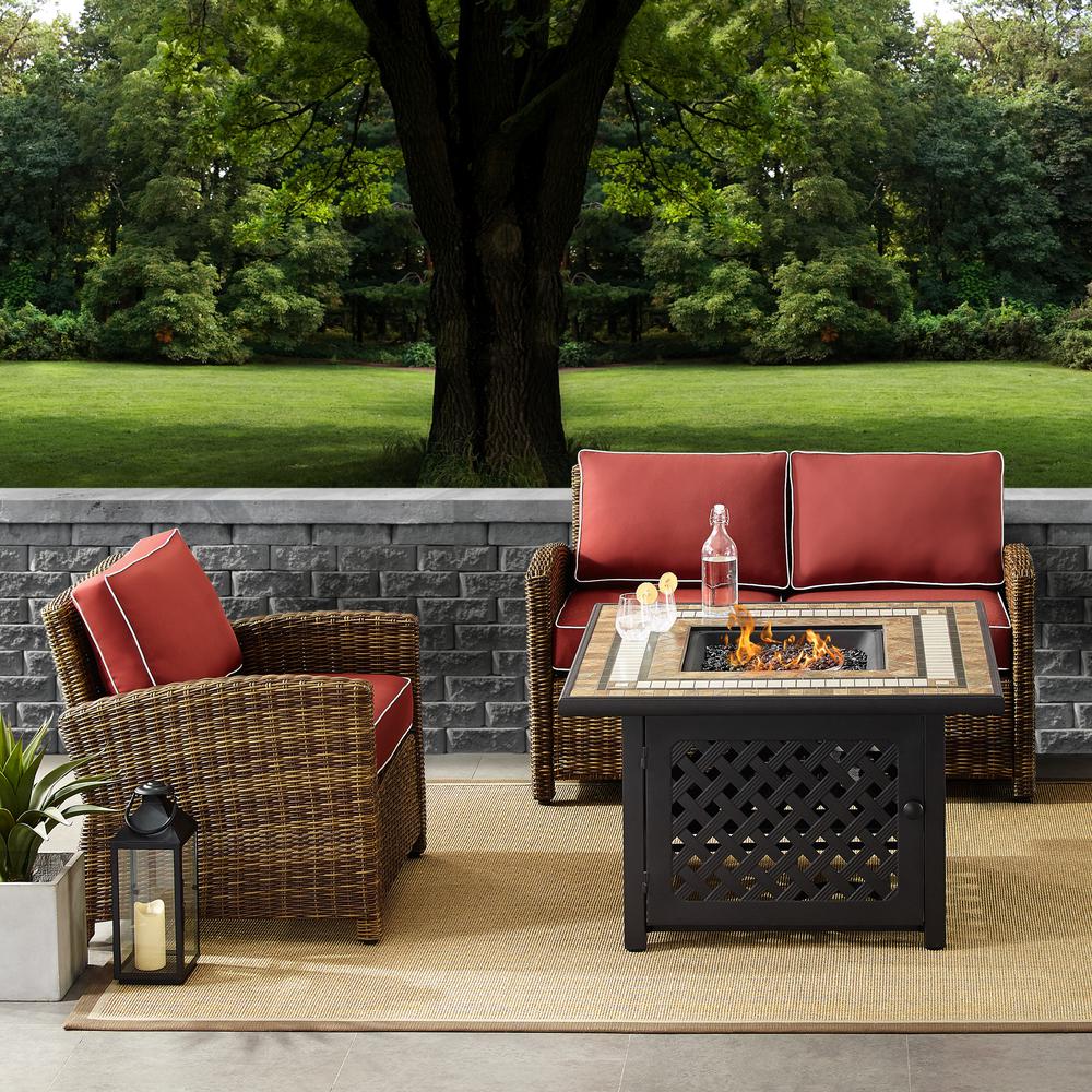 Bradenton 3Pc Outdoor Wicker Conversation Set W/Fire Table Weathered Brown/Sangria - Loveseat, Armchair, & Tucson Fire Table. The main picture.
