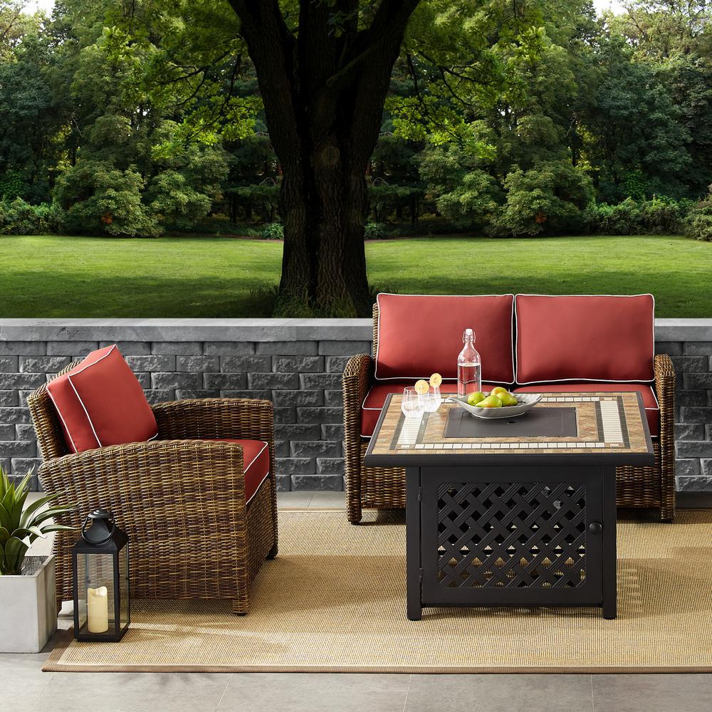 Bradenton 3Pc Outdoor Wicker Conversation Set W/Fire Table Weathered Brown/Sangria - Loveseat, Armchair, & Tucson Fire Table. Picture 2
