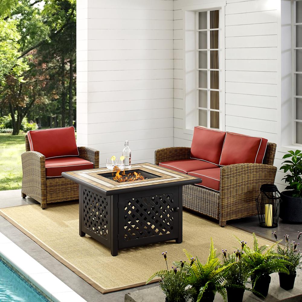 Bradenton 3Pc Outdoor Wicker Conversation Set W/Fire Table Weathered Brown/Sangria - Loveseat, Armchair, & Tucson Fire Table. Picture 3