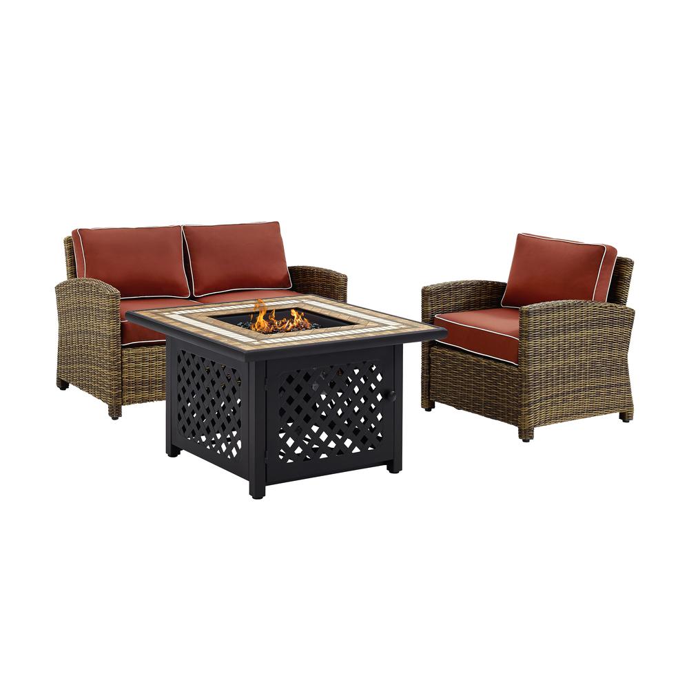 Bradenton 3Pc Outdoor Wicker Conversation Set W/Fire Table Weathered Brown/Sangria - Loveseat, Armchair, & Tucson Fire Table. Picture 4