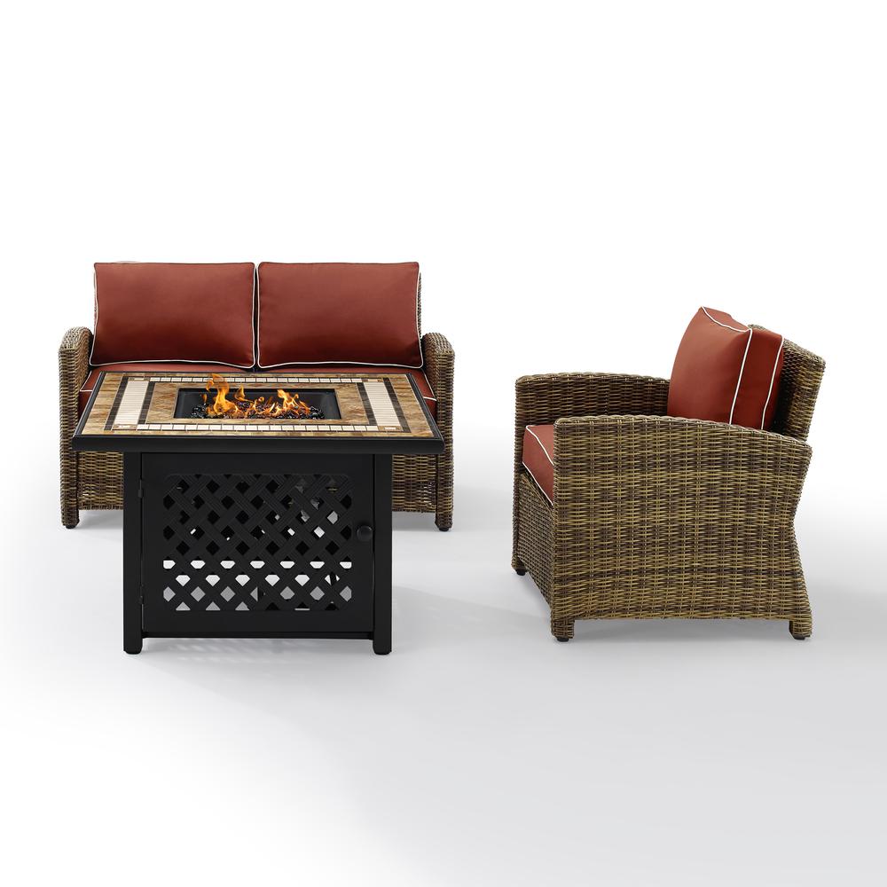 Bradenton 3Pc Outdoor Wicker Conversation Set W/Fire Table Weathered Brown/Sangria - Loveseat, Armchair, & Tucson Fire Table. Picture 7
