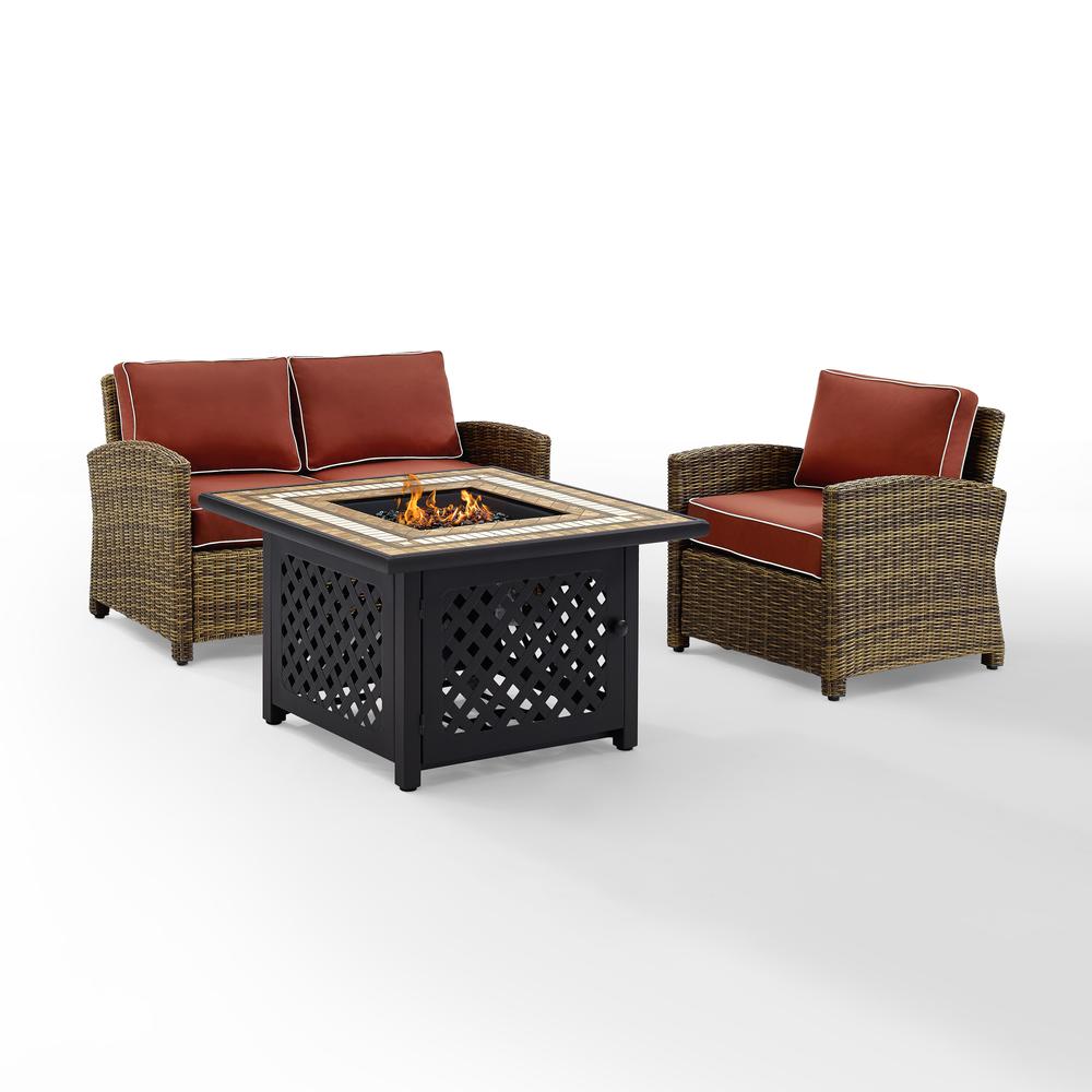 Bradenton 3Pc Outdoor Wicker Conversation Set W/Fire Table Weathered Brown/Sangria - Loveseat, Armchair, & Tucson Fire Table. Picture 8