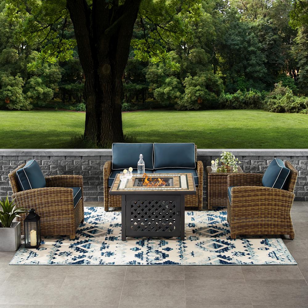 Bradenton 5Pc Outdoor Wicker Conversation Set W/Fire Table Weathered Brown/Navy - Loveseat, 2 Arm Chairs, Side Table, Fire Table. Picture 1