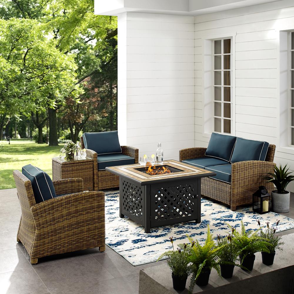 Bradenton 5Pc Outdoor Wicker Conversation Set W/Fire Table Weathered Brown/Navy - Loveseat, 2 Arm Chairs, Side Table, Fire Table. Picture 3