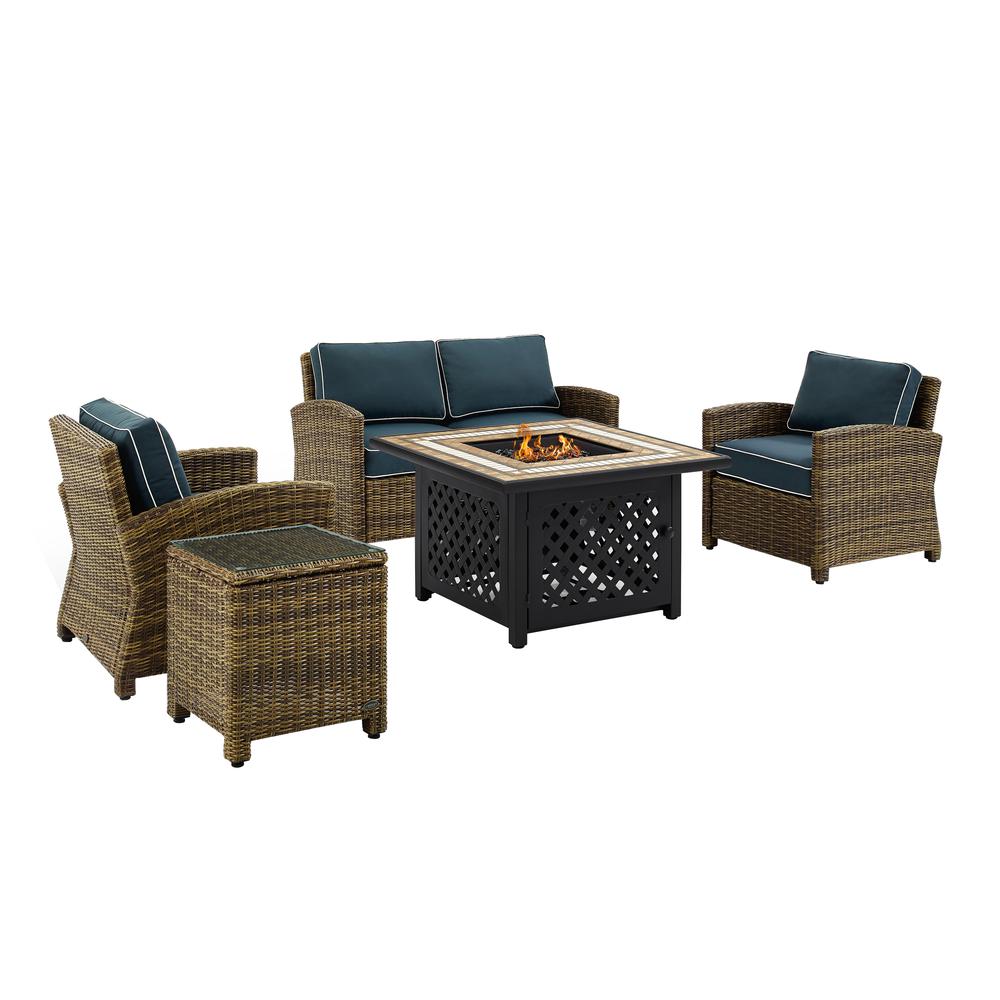 Bradenton 5Pc Outdoor Wicker Conversation Set W/Fire Table Weathered Brown/Navy - Loveseat, 2 Arm Chairs, Side Table, Fire Table. Picture 4