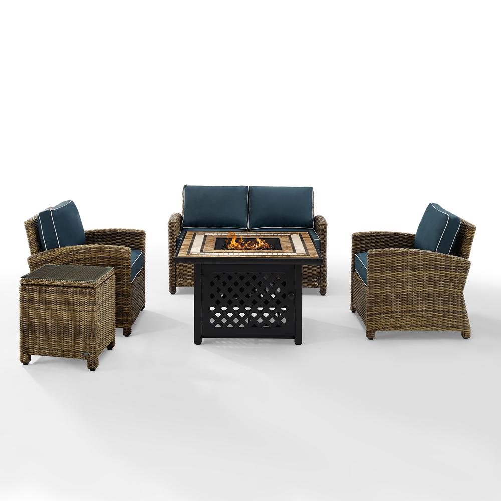 Bradenton 5Pc Outdoor Wicker Conversation Set W/Fire Table Weathered Brown/Navy - Loveseat, 2 Arm Chairs, Side Table, Fire Table. Picture 7