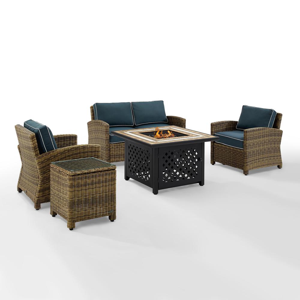 Bradenton 5Pc Outdoor Wicker Conversation Set W/Fire Table Weathered Brown/Navy - Loveseat, 2 Arm Chairs, Side Table, Fire Table. Picture 8