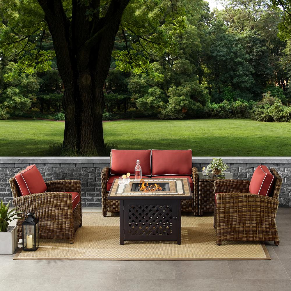 Bradenton 5Pc Outdoor Wicker Conversation Set W/Fire Table Weathered Brown/Sangria - Loveseat, 2 Arm Chairs, Side Table, Fire Table. Picture 1