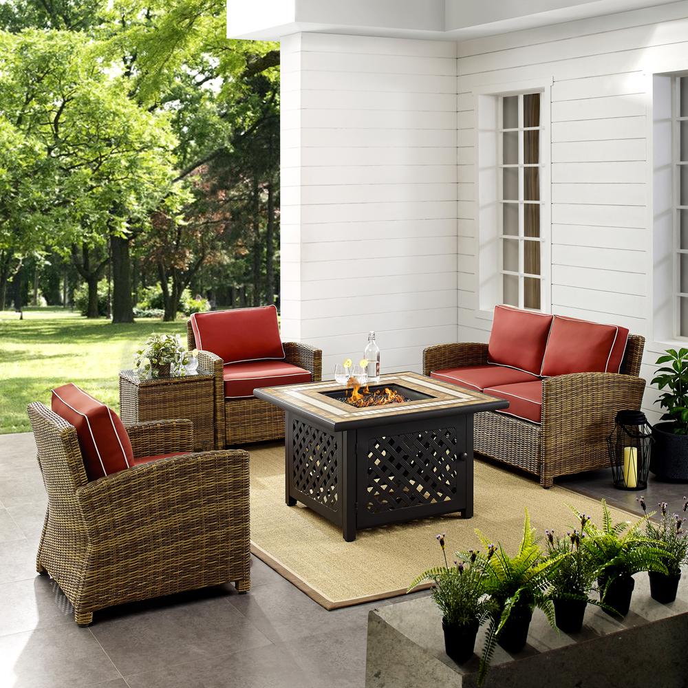 Bradenton 5Pc Outdoor Wicker Conversation Set W/Fire Table Weathered Brown/Sangria - Loveseat, 2 Arm Chairs, Side Table, Fire Table. Picture 3