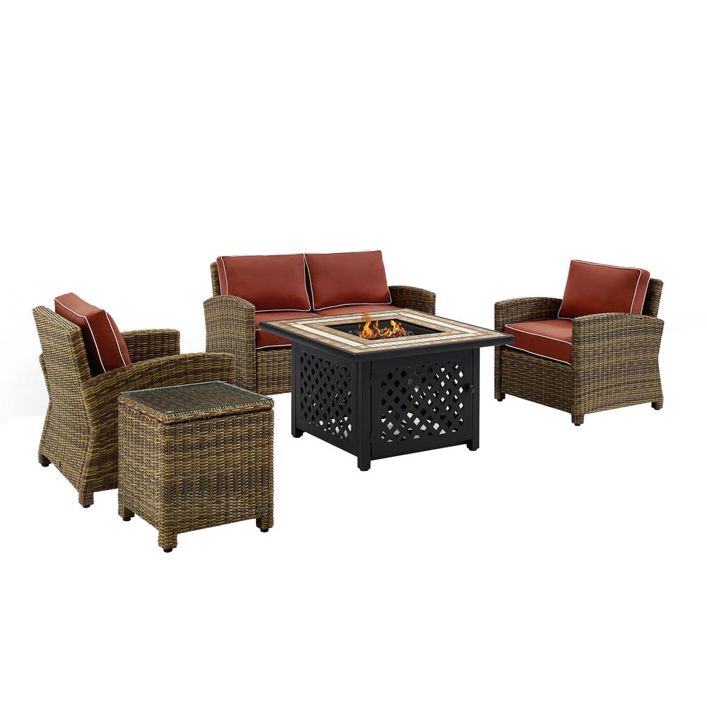 Bradenton 5Pc Outdoor Wicker Conversation Set W/Fire Table Weathered Brown/Sangria - Loveseat, 2 Arm Chairs, Side Table, Fire Table. Picture 4