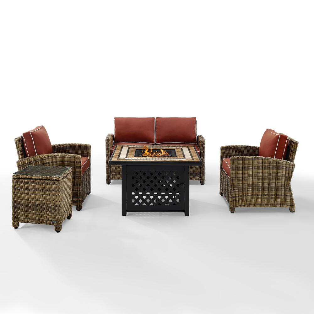 Bradenton 5Pc Outdoor Wicker Conversation Set W/Fire Table Weathered Brown/Sangria - Loveseat, 2 Arm Chairs, Side Table, Fire Table. Picture 7