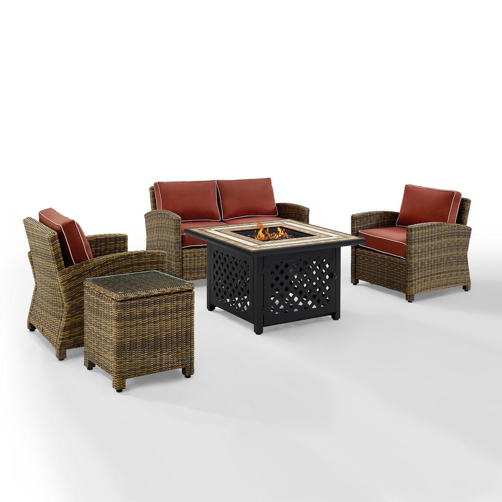Bradenton 5Pc Outdoor Wicker Conversation Set W/Fire Table Weathered Brown/Sangria - Loveseat, 2 Arm Chairs, Side Table, Fire Table. Picture 8