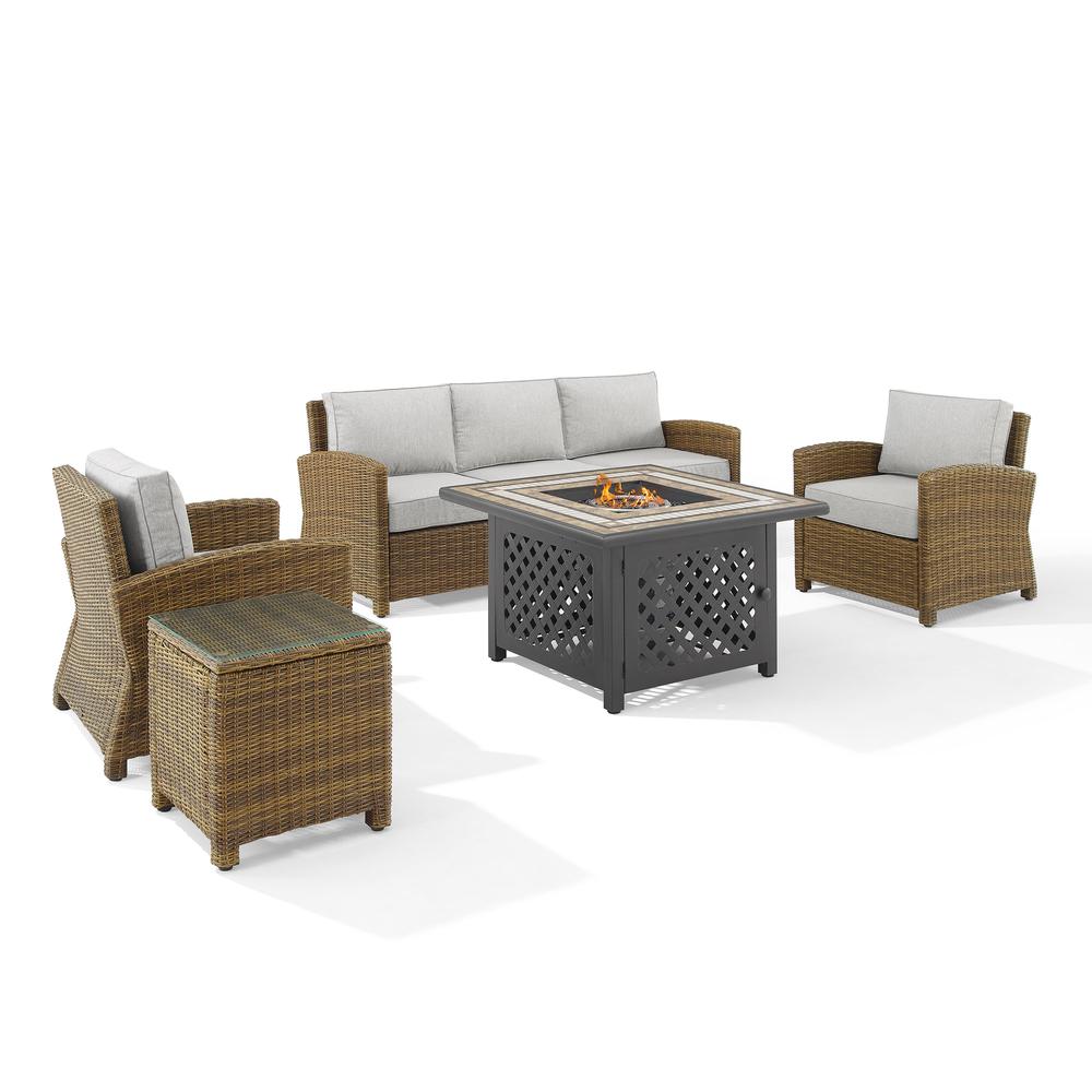 Bradenton 5Pc Outdoor Wicker Sofa Set W/Fire Table Gray/Weathered Brown - Sofa, Side Table, Tucson Fire Table, & 2 Armchairs. Picture 1