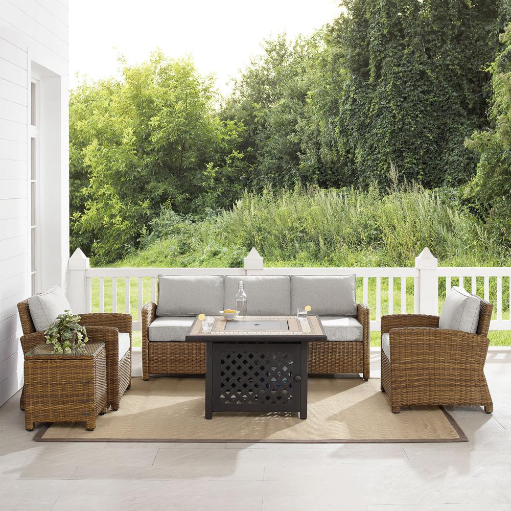 Bradenton 5Pc Outdoor Wicker Sofa Set W/Fire Table Gray/Weathered Brown - Sofa, Side Table, Tucson Fire Table, & 2 Armchairs. Picture 10
